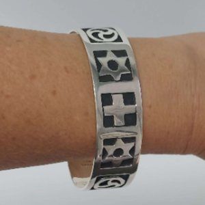 Sterling Silver Cuff Bracelet with Mystic Religious Symbols for Protection